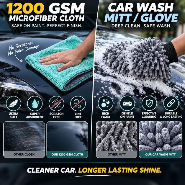 RoadsRide 1200 GSM Microfiber Car Cleaning Cloth + FREE Car Wash Mitt | Super Absorbent, Scratch-Free & Paint-Safe