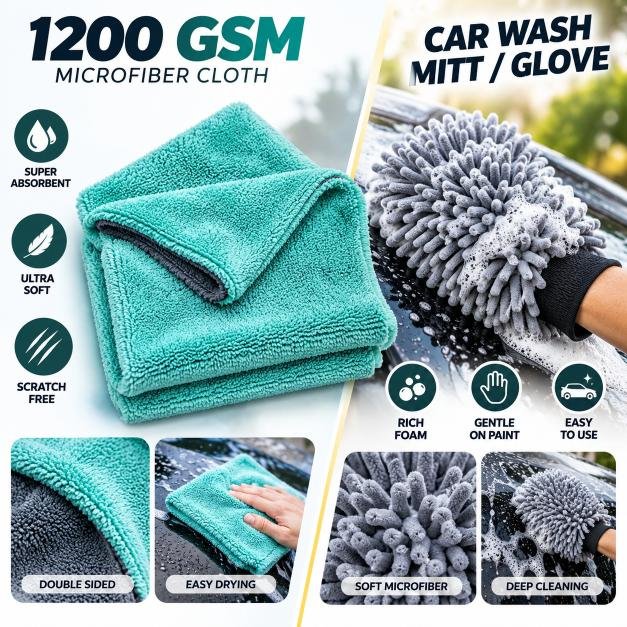 RoadsRide 1200 GSM Microfiber Car Cleaning Cloth + FREE Car Wash Mitt | Super Absorbent, Scratch-Free & Paint-Safe