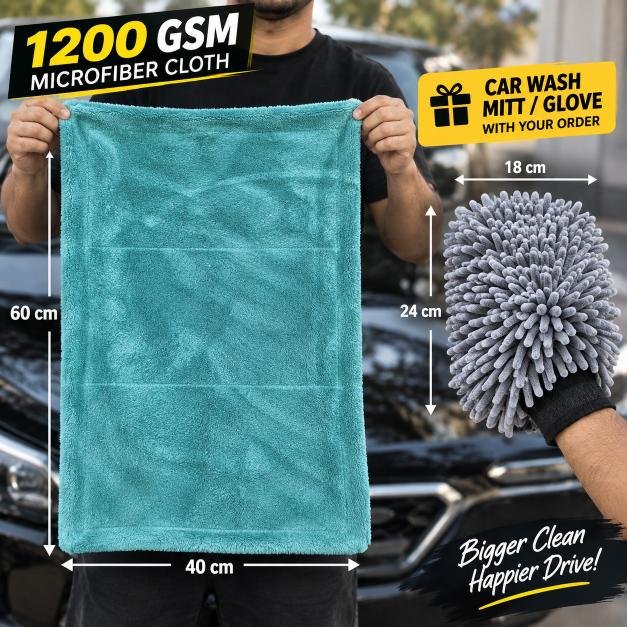 RoadsRide 1200 GSM Microfiber Car Cleaning Cloth + FREE Car Wash Mitt | Super Absorbent, Scratch-Free & Paint-Safe